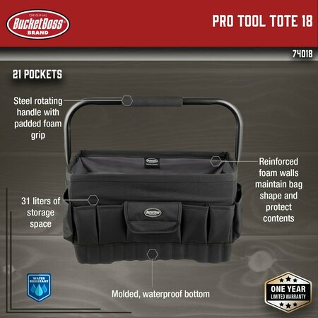 Bucket Boss Pro Oval Tool Tote 18, 1680 Heavy-Duty Poly Fabric, 14 Pockets 74018